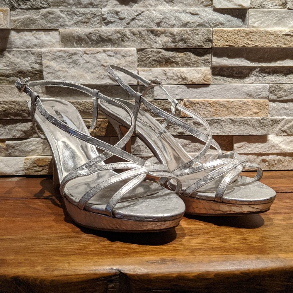 Audrey Brooke Silver Snakeskin Strappy Heels